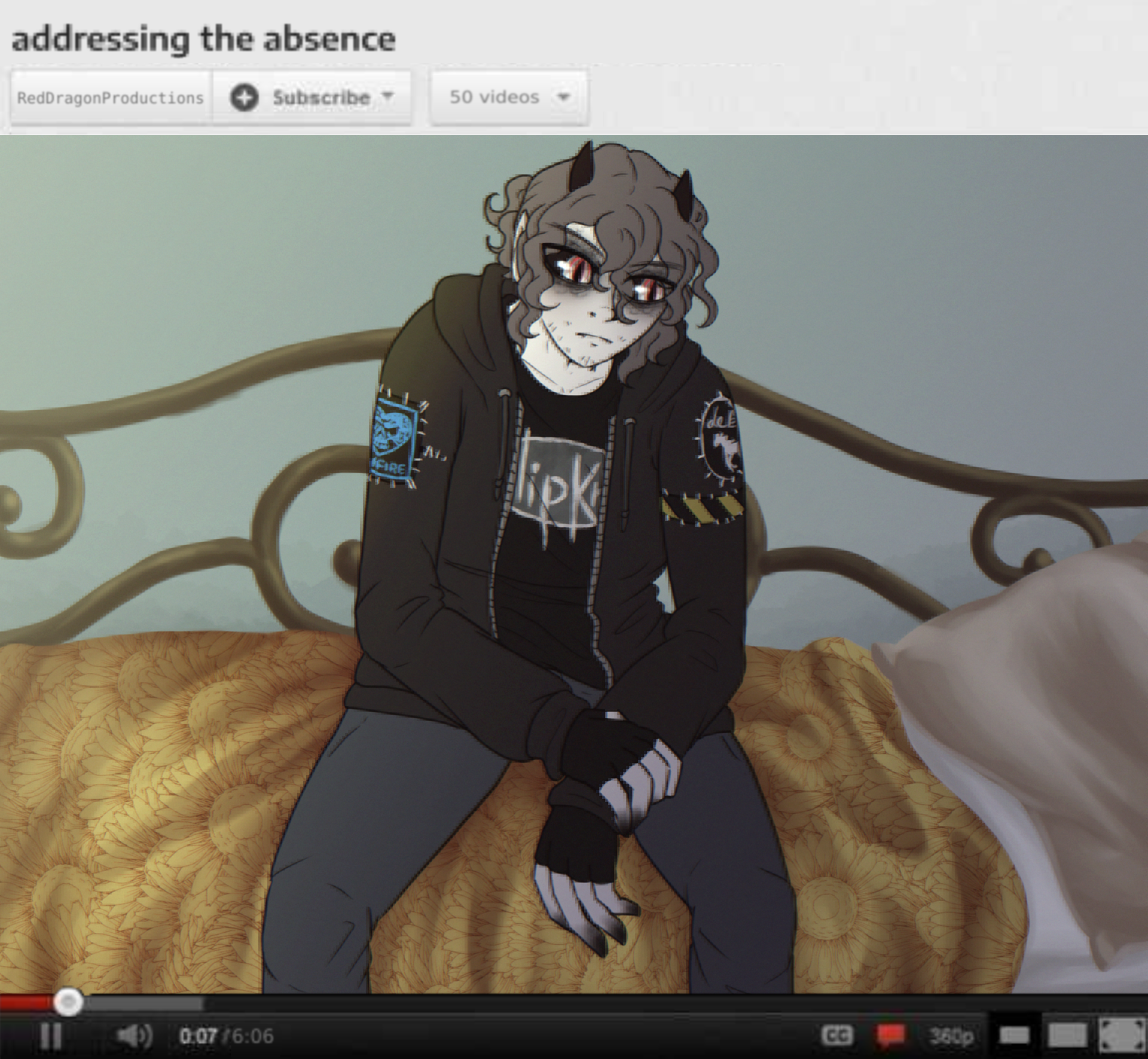 a faked youtube screenshot with the website's 2011 design depicting a frame from a youtube video titled 'addressing the absence.' the 'screenshot' depicts joshua sitting on a dark metal daybed with yellow and orange floral covers. his expression is contemplative